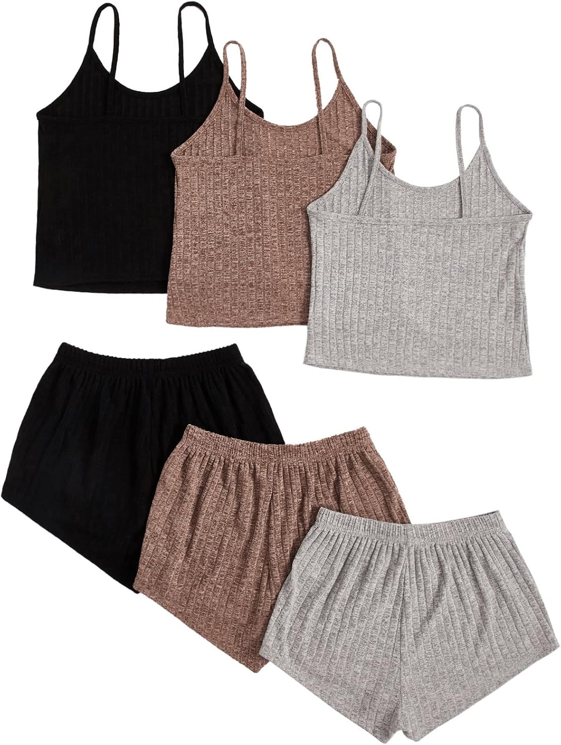GORGLITTER Women's 3 Sets Ribbed Pajamas Set Sleeveless Crop Top and Tie Front Shorts Lounge Set Sleepwear Loungewear