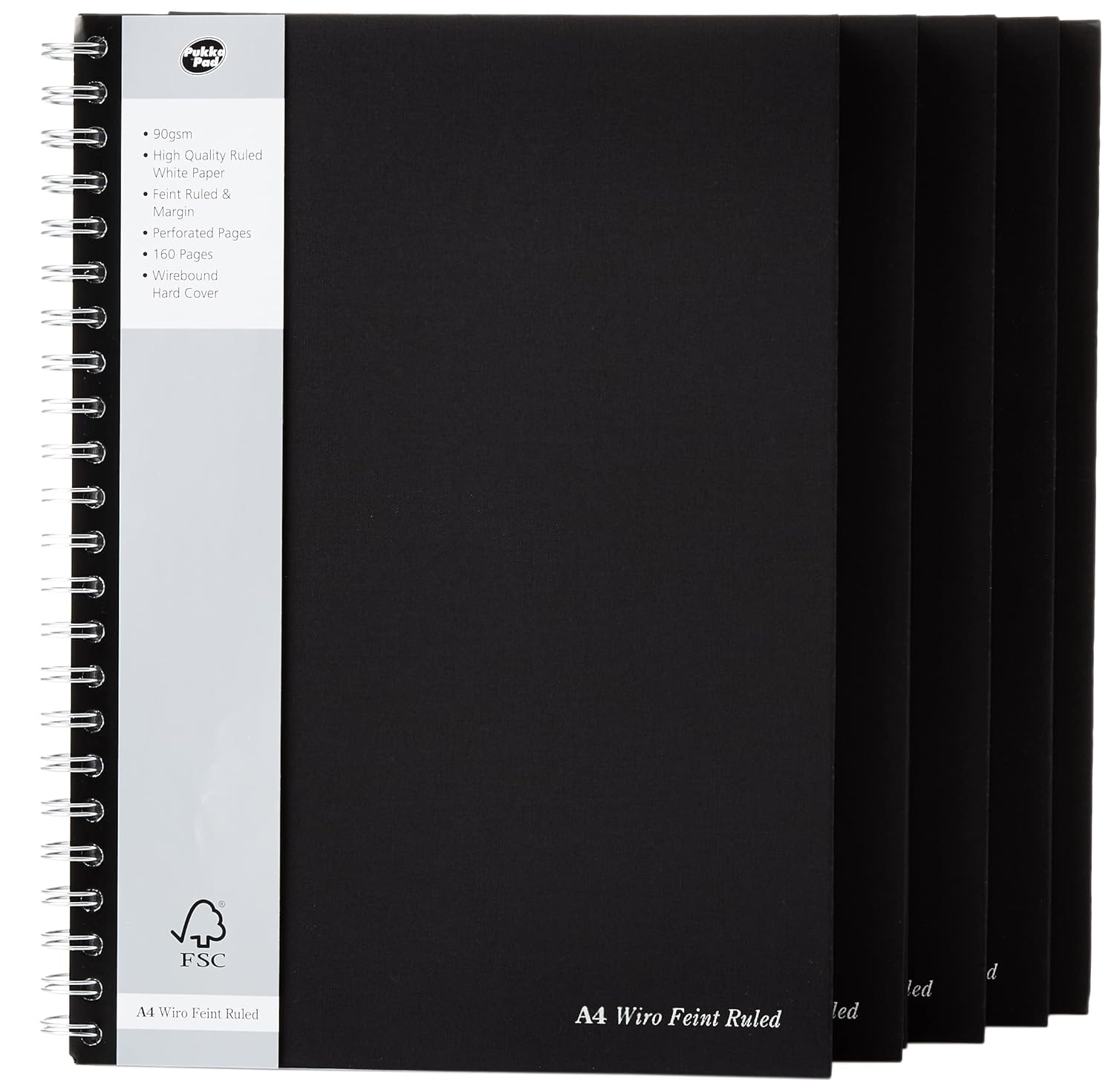 Pukka Pad A4 Ruled Feint and Margin Wire Bound Manuscript Book - Black (160 Pages) - Pack of 5