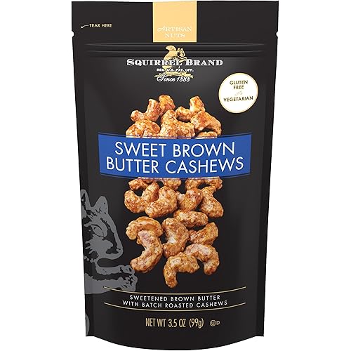 Squirrel Brand Sweet Brown Butter Cashews, 3.5 Ounces Resealable Bag, Gluten Free, Vegetarian
