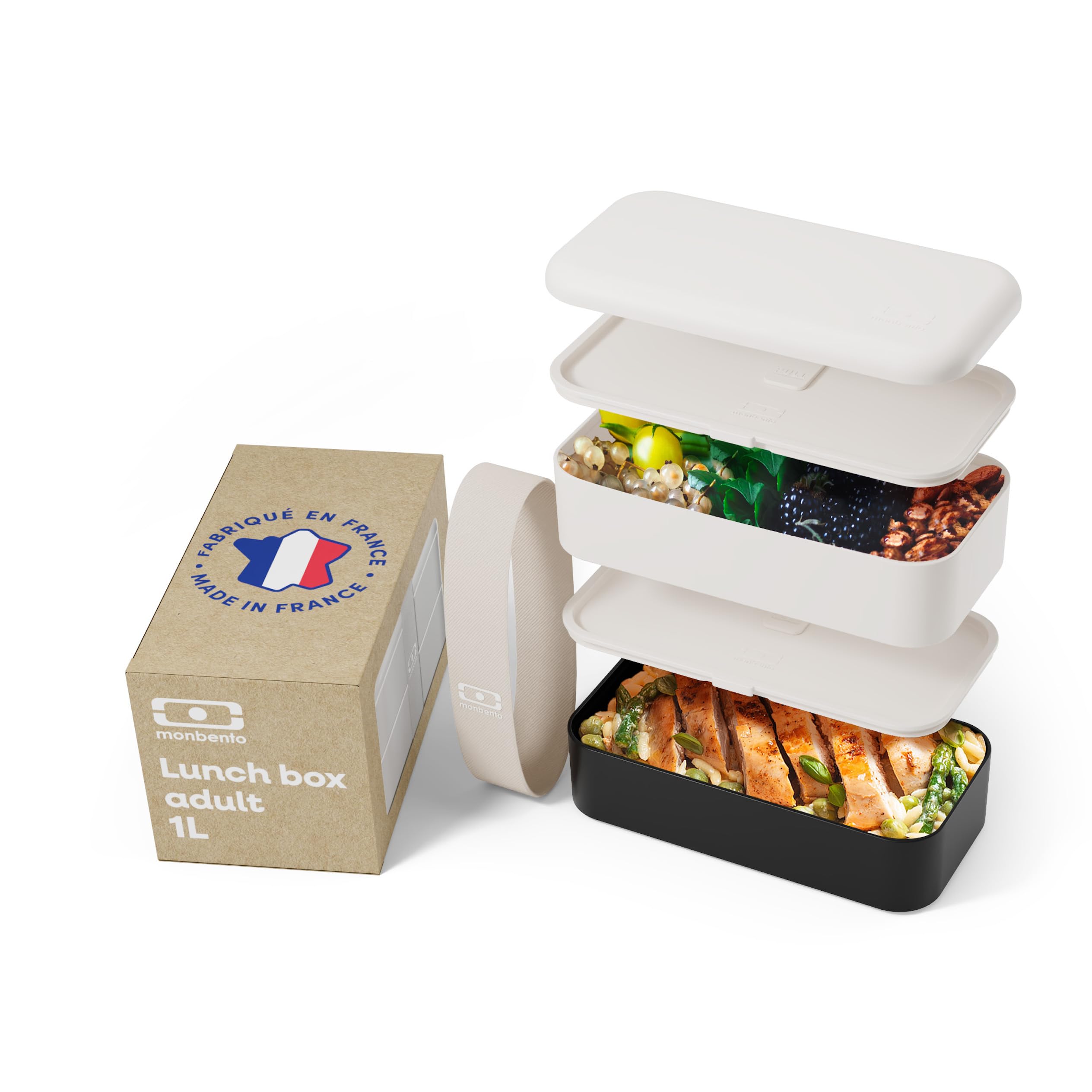 monbento - Brotdose MB Original - Bento Box Erwachsene - Jausenbox 2 Fächer Auslaufsicher - Mikrowelle & Spülmaschinengeeignet - BPA-frei - Meal Prep Lunchbox - Beige/Schwarz