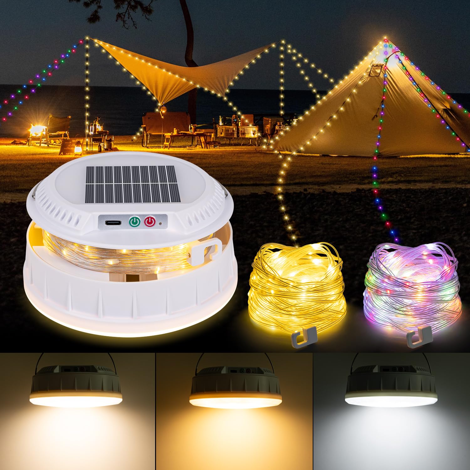 BlueYu Solar Camping String Lights, 32.8 FT String Light with 13 Modes, 4 in 1 Waterproof Camp Lamp, Solar/Type-C Powered, Hanging Rechargeable Tent Lantern for Camping, Party (White)