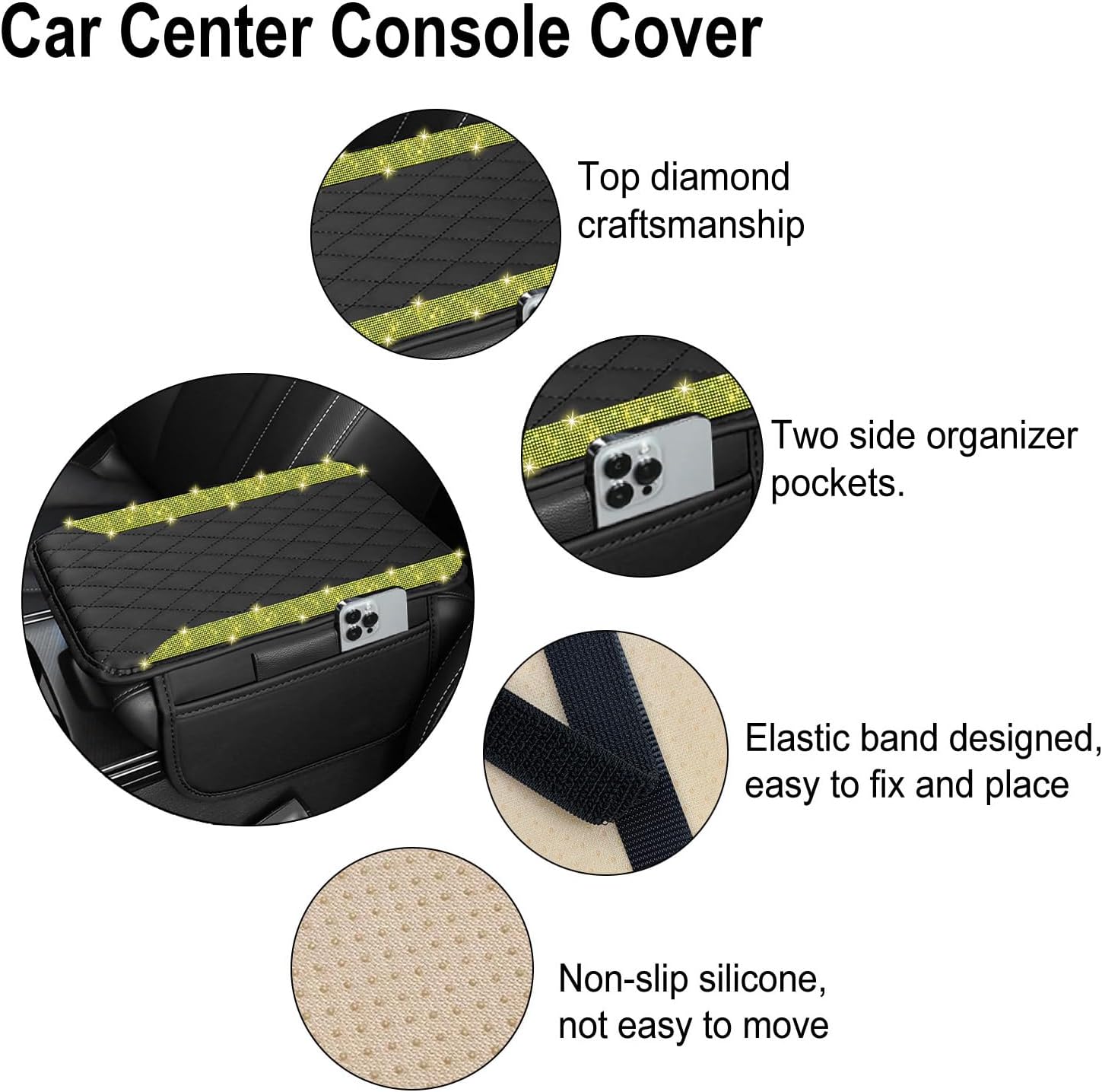 NBTEPEM Bling Car Center Console Armrest Cover, Microfiber Leather and Diamond Middle Console Cover with 2 Storage Bags, Bling Accessories Interior for Most Vehicles (Yellow Diamond) image 3