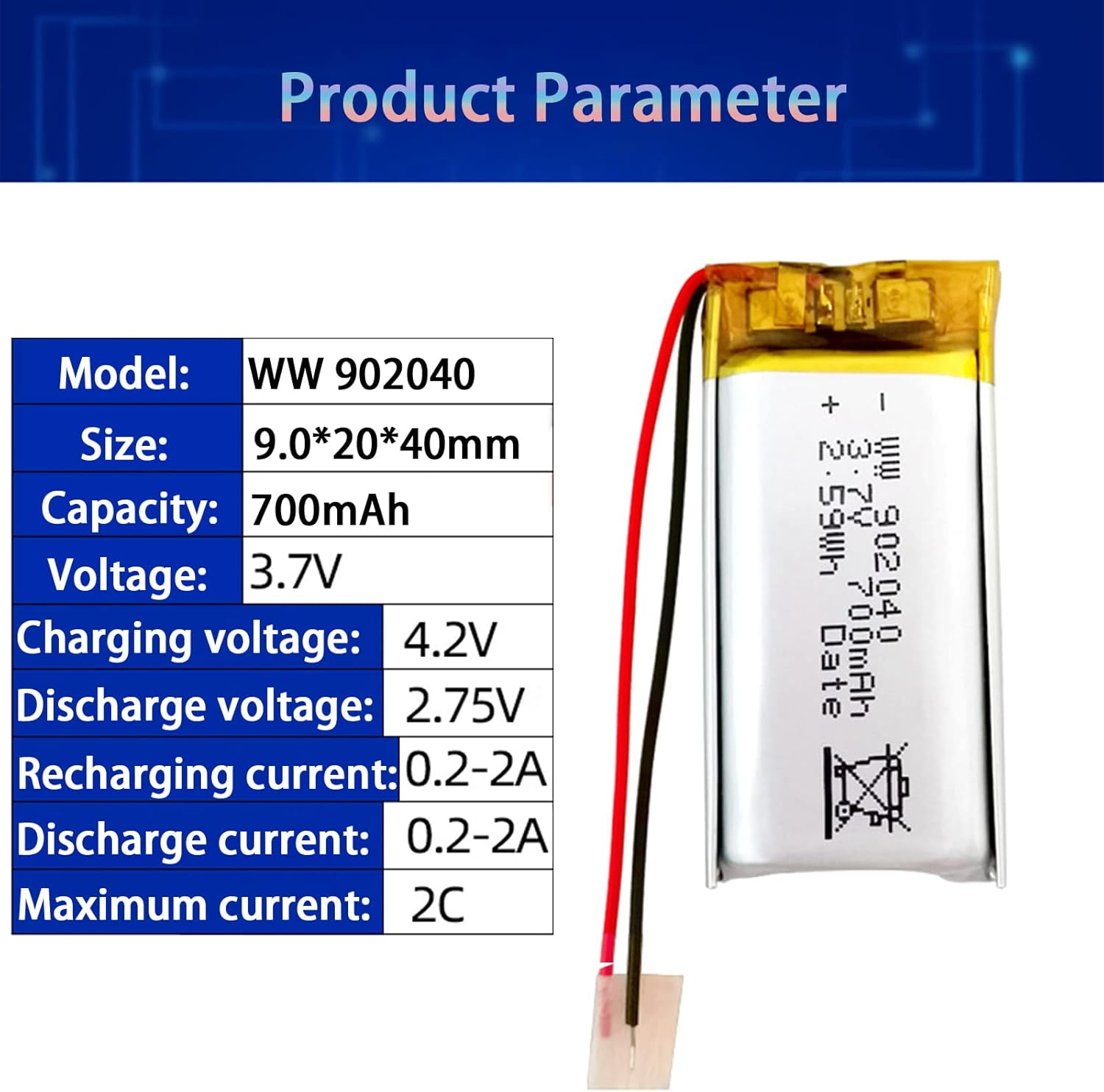 3.7V Li-Polymer Battery 700mAh Lithium-ion Backup Battery 902040 Lithium-Polymer ion Rechargeable Battery with Protection Board (2pcs)