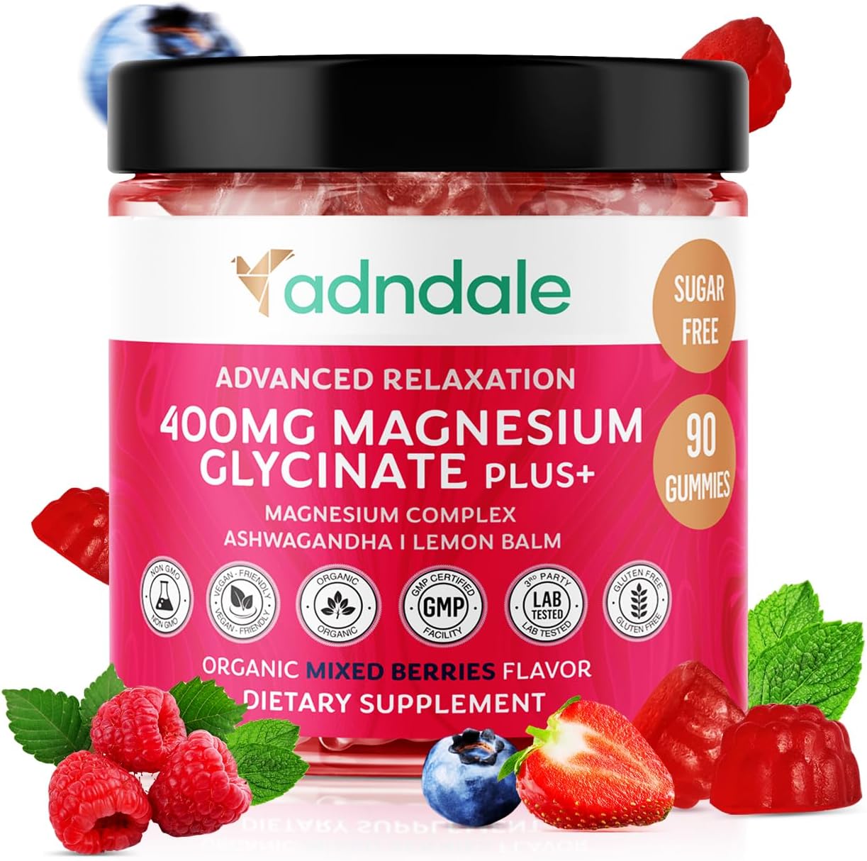 90 CT Magnesium Glycinate 400 mg Gummies with Ashwagandha, Magnesium Malate & Taurate, Sugar Free Magnesium Gummies for Adults & Kids.