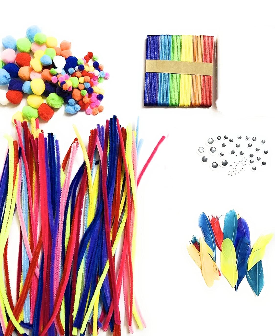 Imicreate 100 Pcs Pipe Cleaners with Ice Cream Sticks (100), 3 Kind of 50 Googly Eyes, 50 Mix Pom Pom DIY Art and 1 Pkts Feathers Craft Kit Creative for Kids and Adults for School Projects
