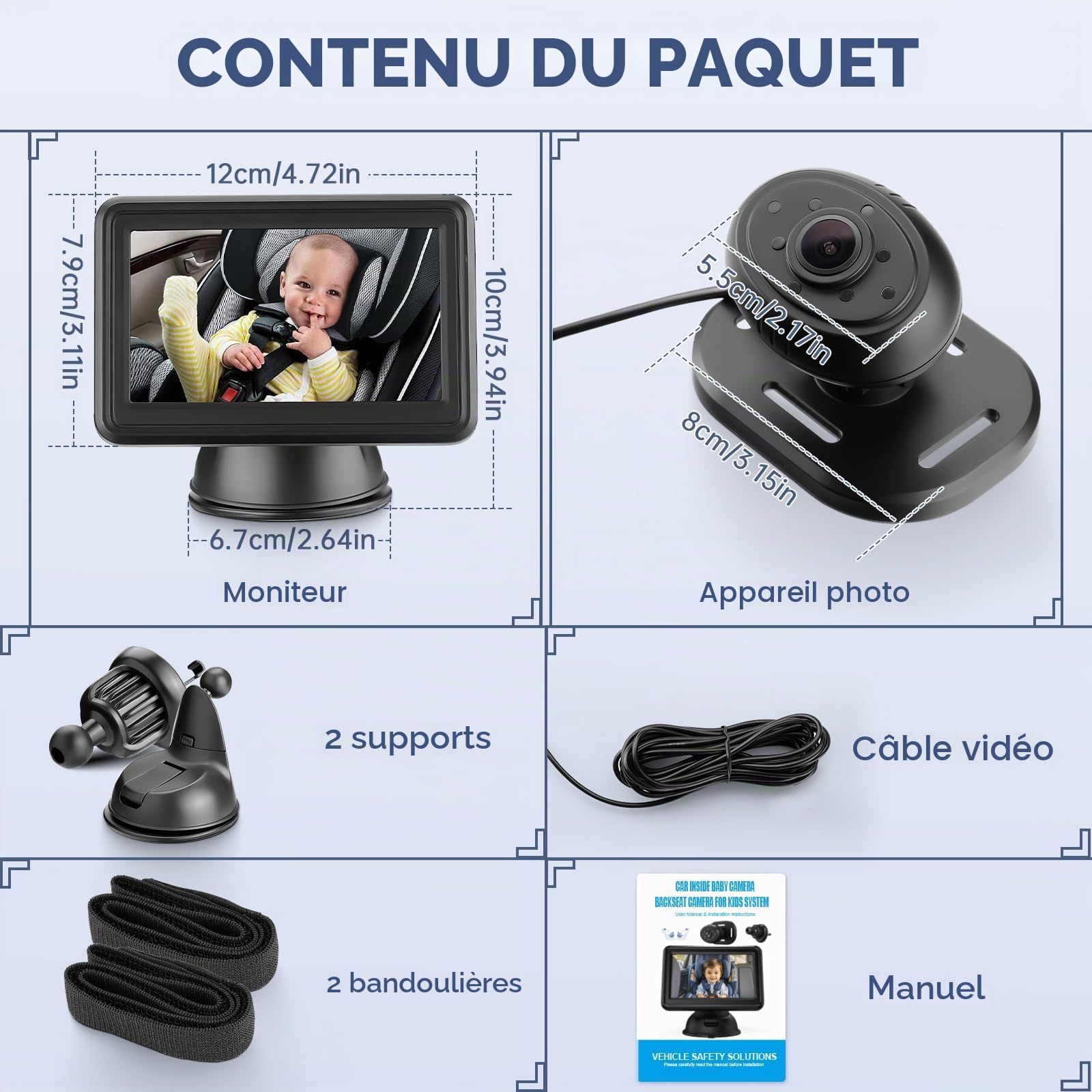 Caméra de Voiture pour Bébé HD 1080P avec Écran de 10,9 cm - Miroir pour Siège Arrière, Moniteurs de Siège Arrière avec Fonction de Vision Nocturne, Angle de Vue Large, Kit de Sécurité pour