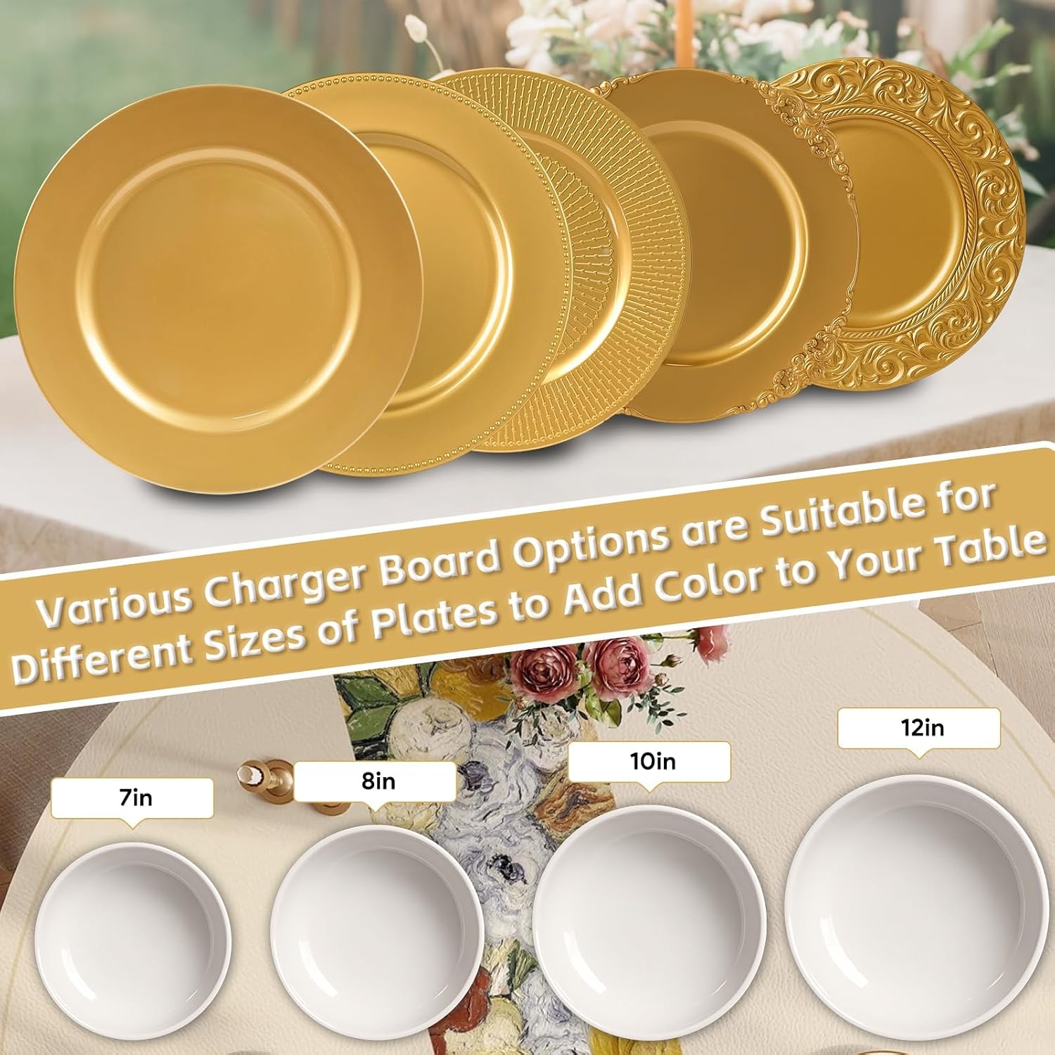 PROY 50 Pcs 13 Inch Charger Plates Bulk, Gold Chargers for Dinner Plate, Table Chargers for Table Setting, Wedding