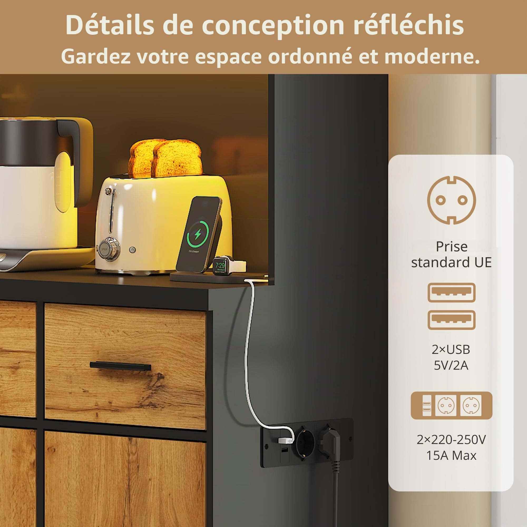Buffet multifonction 100 x 40 x 180 cm avec éclairage LED, télécommande, prise et ports USB, étagères et tiroirs réglables, idéal pour les cuisines et les salles à manger, noir + naturel A