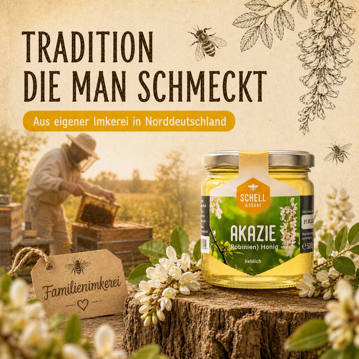 Deutscher Akazienhonig 6 x 500g - Vorteilspack - Robinienhonig - Imkerei Schell Honig aus eigener Produktion - 100% Deutscher Honig