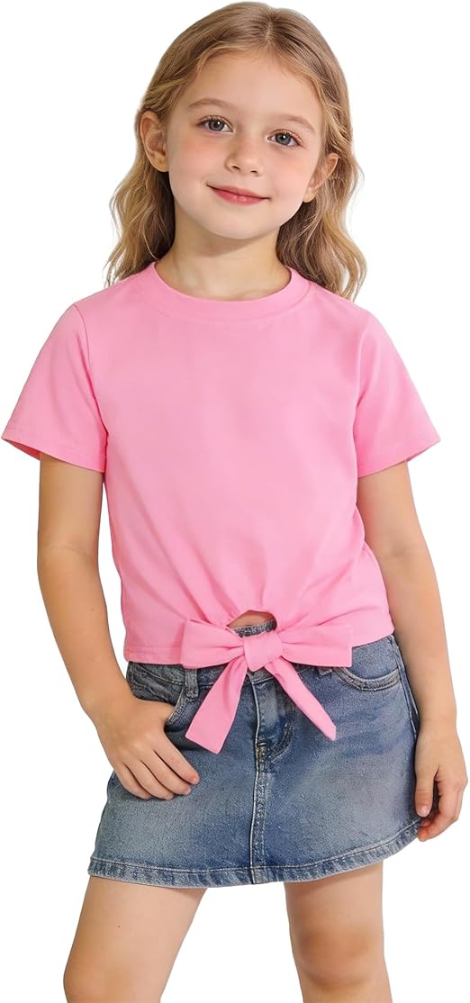 Magic Park 4-14Y Girls Short Sleeve T-Shirt Front Tie Knot Tee Kids Summer Casual Holiday Top Solid Color Crewneck Blouse
