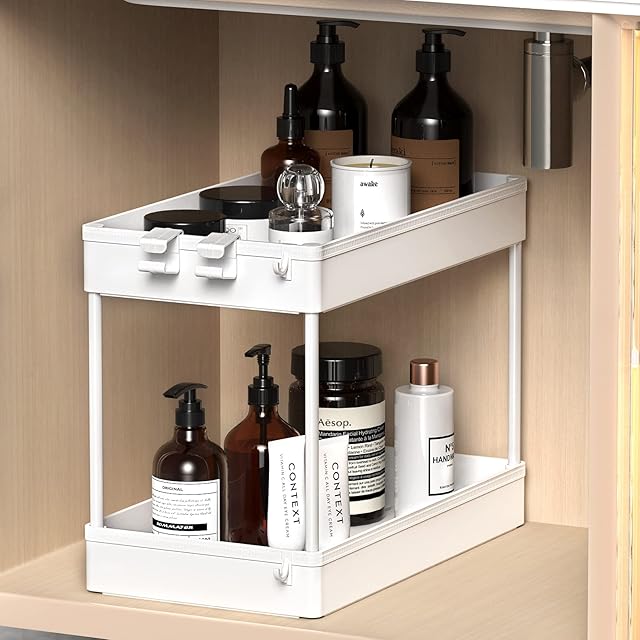 SPACEKEEPER Under Sink Organizer, 2 Tier Under Sink Storage Organizer, Under Cabinet Organizer Basket, Multi-Purpose Under Sink Shelf for Bathroom Kitchen, 40x22x31cm, White