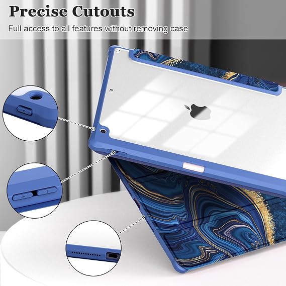 OKP for iPad 9th/8th/7th Generation Case (2021/2020/2019), iPad 10.2 inch Cases with Trifold Stand, Slim ipad 9/8/7 gen Cover with Pencil Holder for Women Men, Clear Back Shell, Marble Ocean Blue