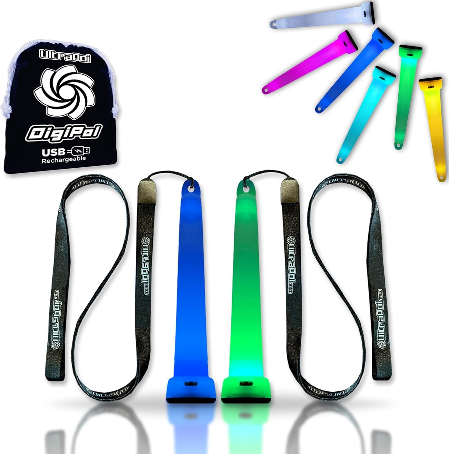 UltraPoi Digi Poi Set – Rechargeable Light Up Glow Sticks & LED Light Sticks for Party, Wedding, Rave, Concerts & Camping – Customizable Wearable Glow Poi Stick with Lanyard, Clip & Rainbow Effects