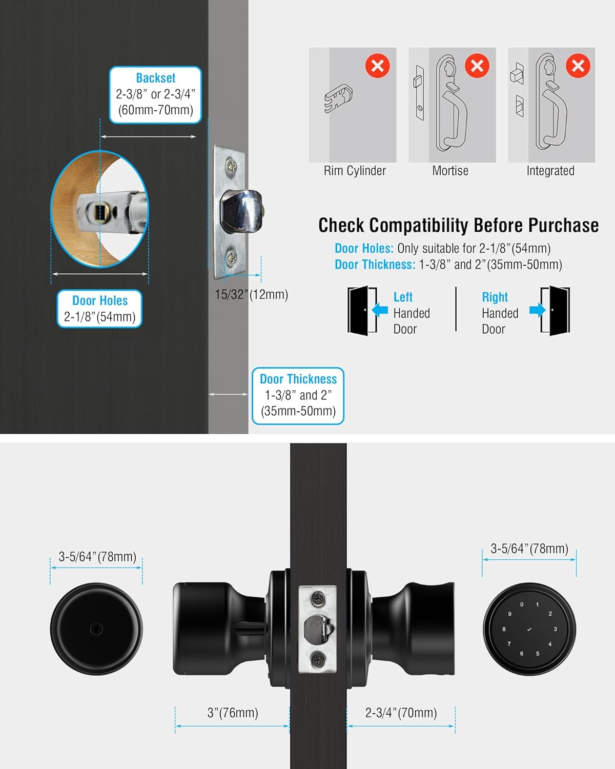 5-in-1 Smart Fingerprint Door Knob with Keypad, Bluetooth/APP Control, Keyless Entry Door Lock, Easy No-Drill Installation for Front Door, Bedroom, Office