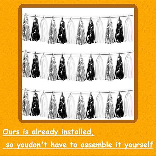 Miniatura 3 de Bandera Guirnalda de Flecos y Borlas Metálicos Negro Plateado Blanco 3P, Serpentina de Oropel de Papel Aluminio Colgante de Pared, Cortina Telón de
