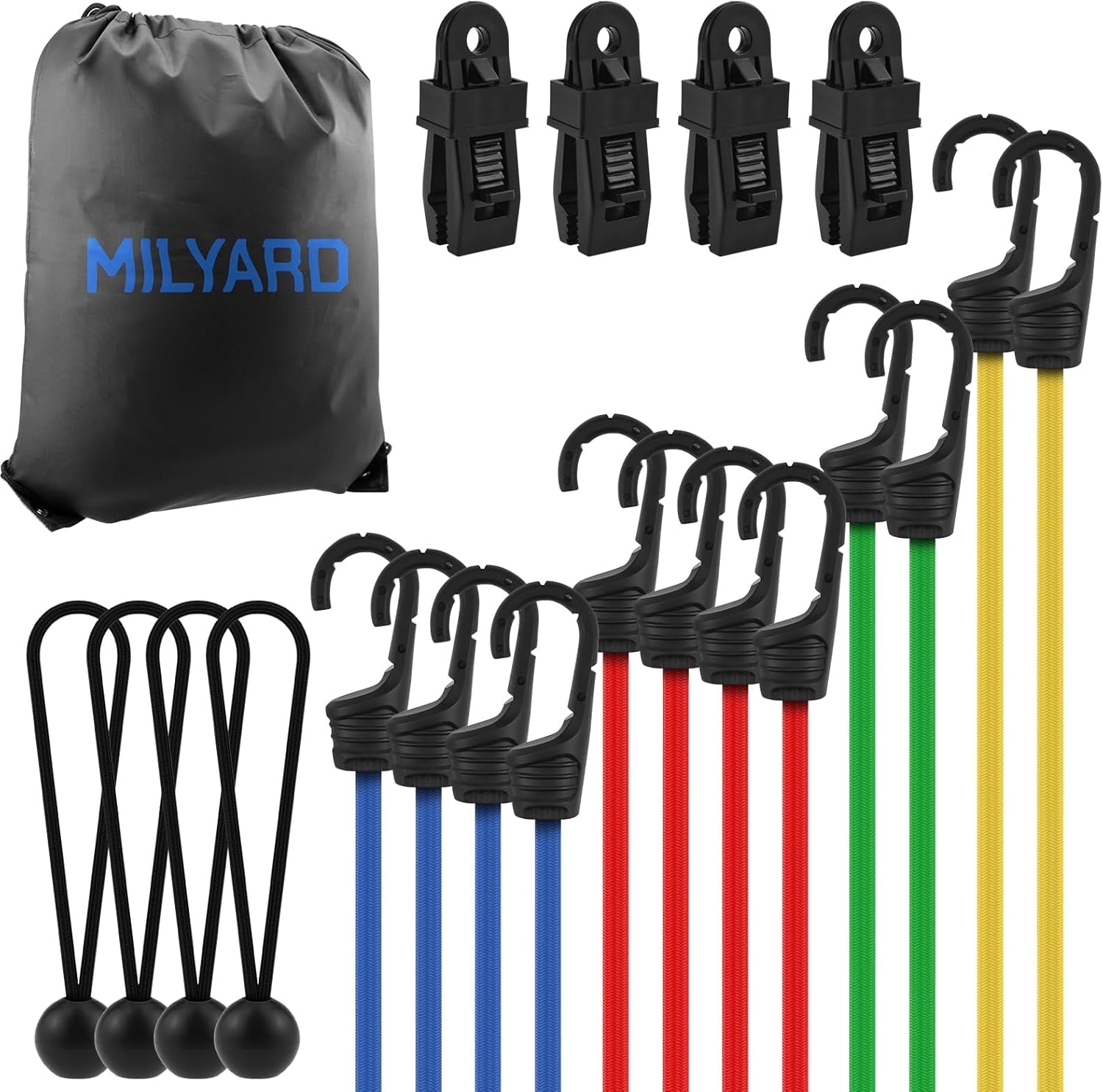 20 pcs Bungee Cords 18" 24" 36" 48" Assorted Size Heavy Duty Outdoor Elastic Ropes with Hooks with Tarp Ball Ties, Tarp Clips, Organizer Bag