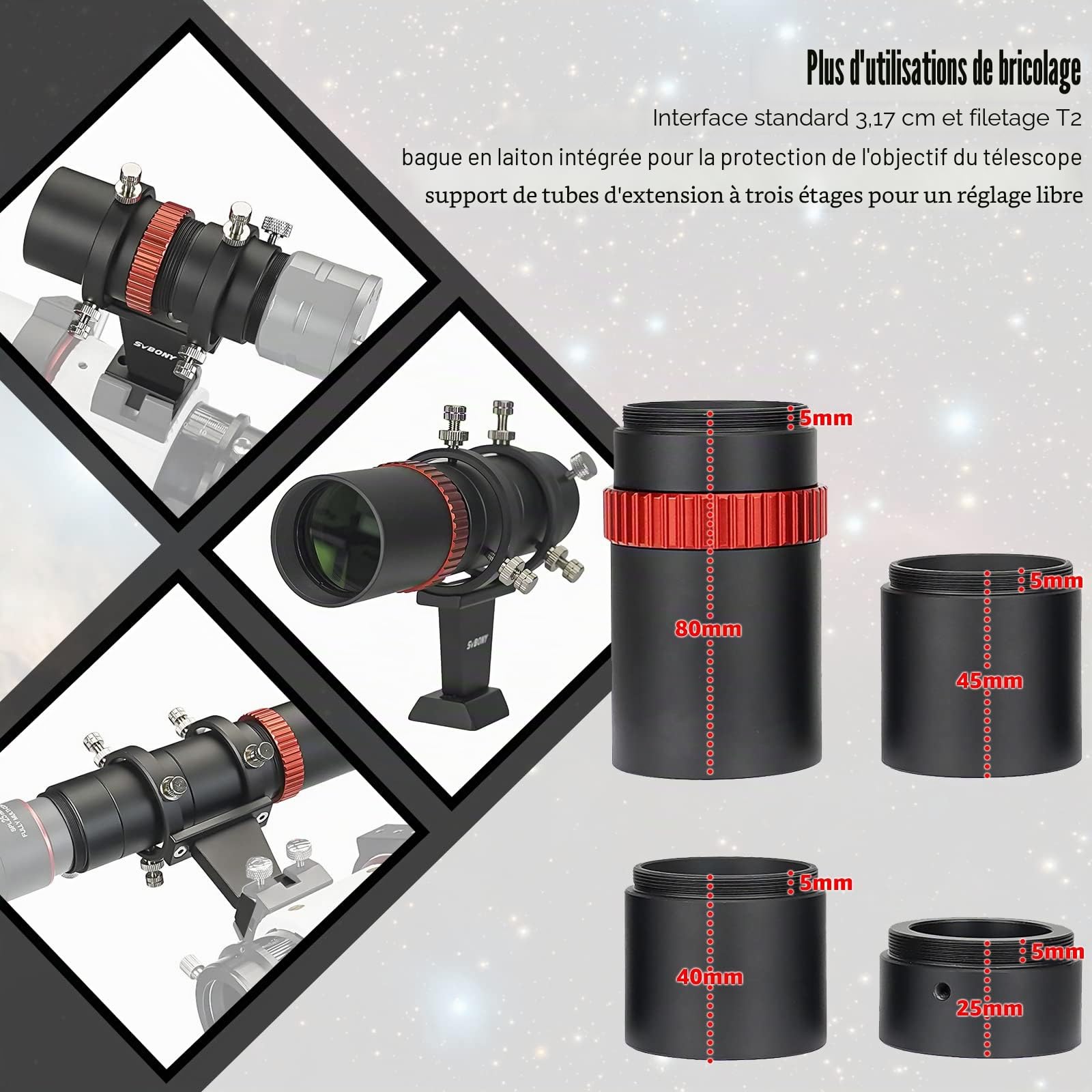 Svbony SV165 Mini Guide Scope 40F4, 1.25 Pouces FMC Revêtement avec Focaliseur Hélicoïdal Alignement Coaxial Réglable, Alliage d'Aluminium CNC Usinage, Compatible avec ZWO QHY Auto Guide Finde Caméra