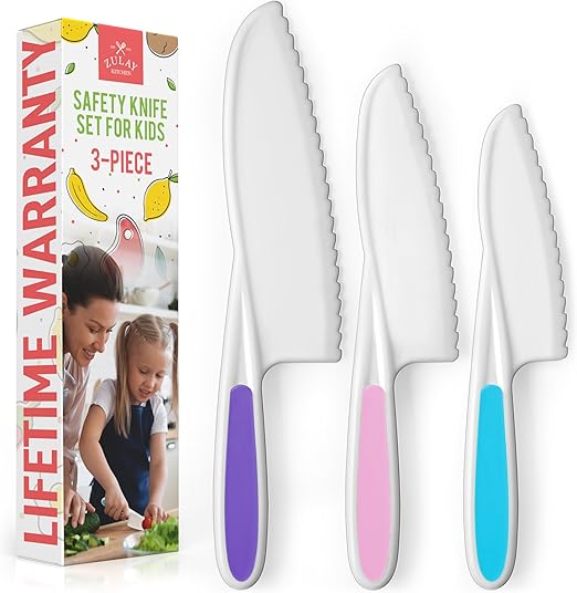 Zulay 3-Piece Kids Knife Set for Real Cooking & Baking - Toddler Knives for Cutting Fruits, Veggies, & Cake - Children’s Montessori Knive with Serrated Edges - Safe & Fun Lettuce Knife (Multi)