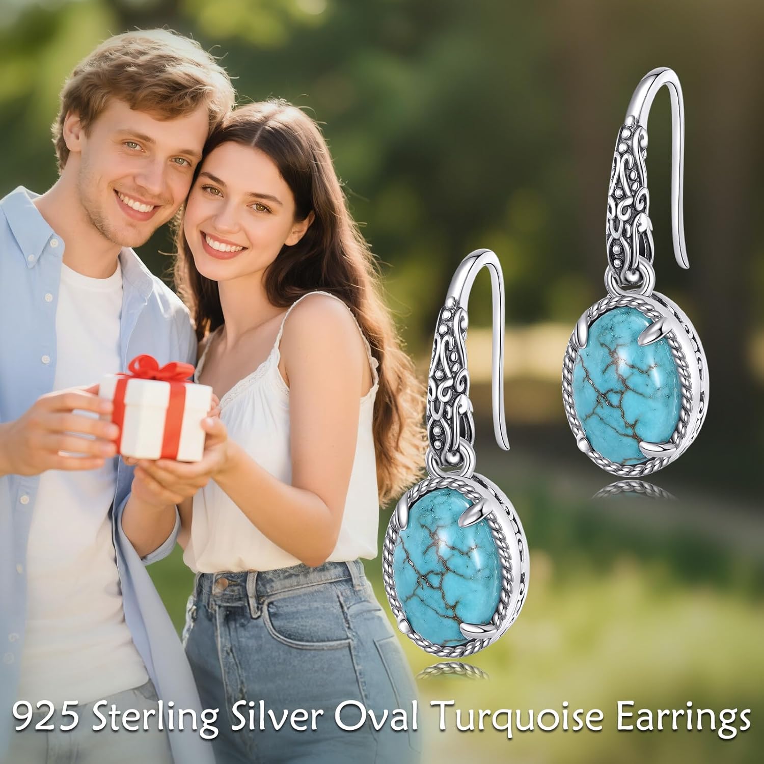 Vintage Natural Turquoise Hook Dangle Earrings 925 Sterling Silver Western Filigree 11MM Rhombic/Oval Cut Green Turquoise Hook Earrings for Women