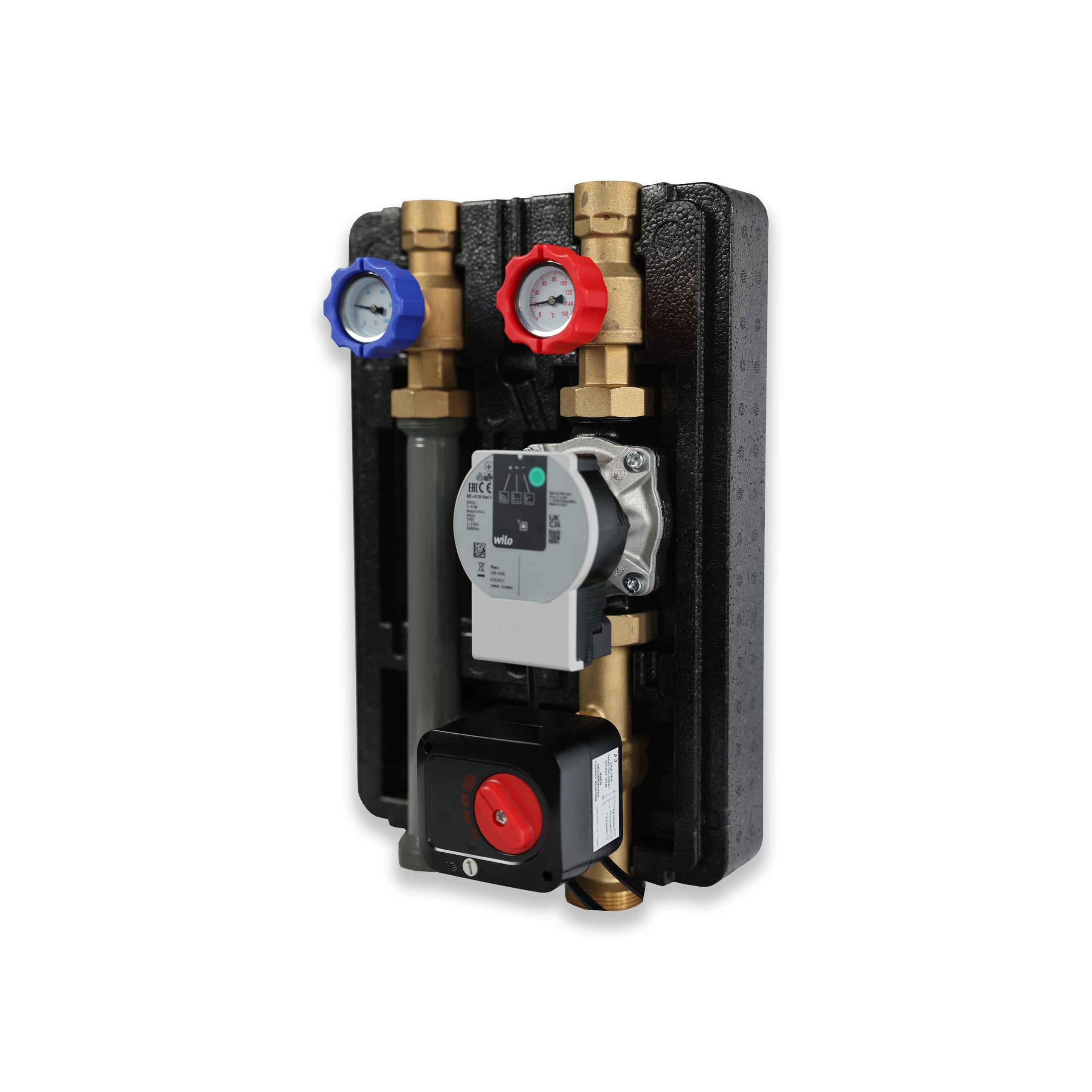 SUNEX GPO S DN20 VER2 Groupe de pompes avec mélangeur à trois voies - Raccord 1" - Avec isolation thermique, pompe de circulation, thermomètres et clapet anti-retour - Pour systèmes de chauffage DN 20