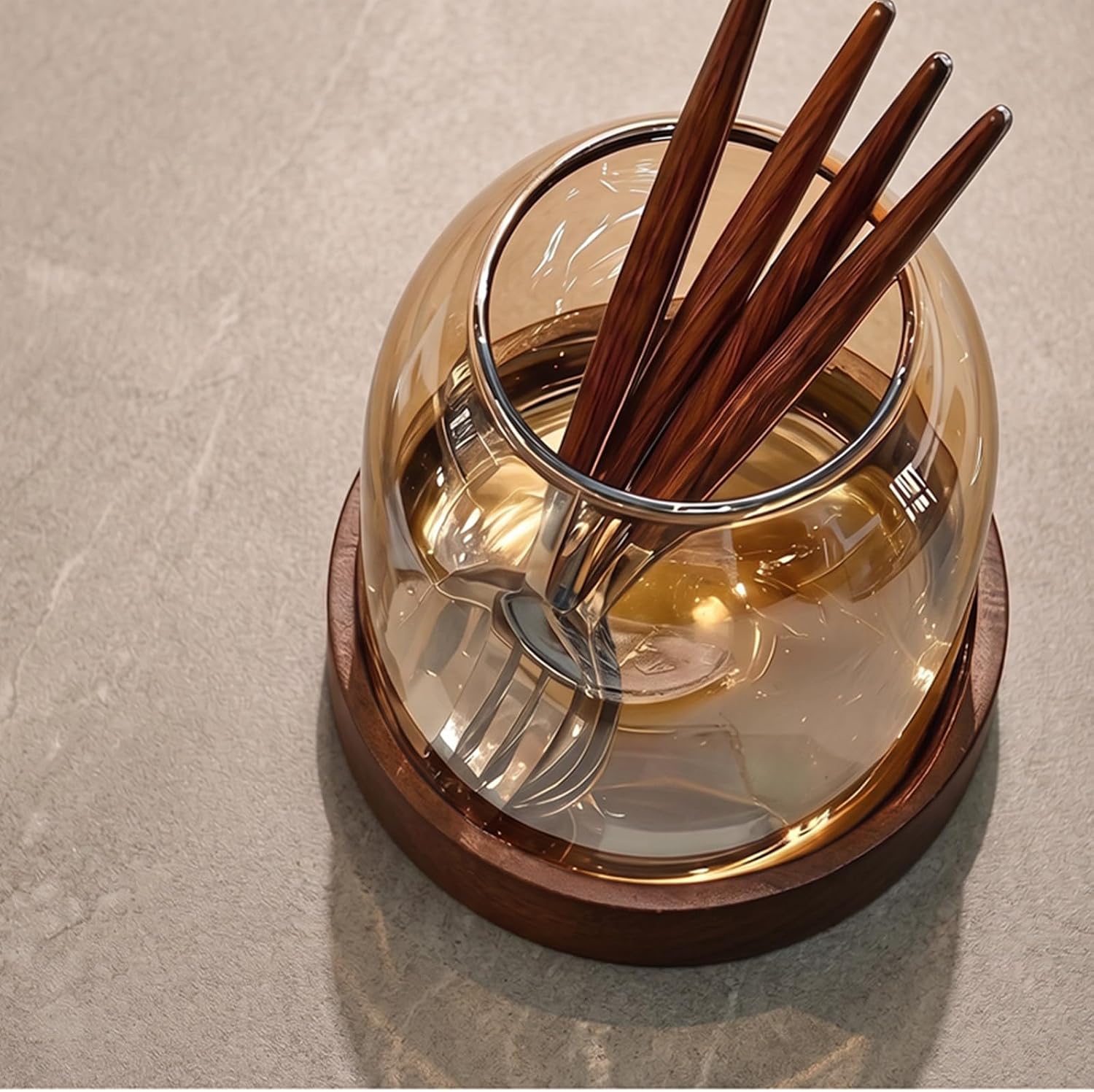 Glass Utensil Holder With Wooden Base,Fork And Spoon Set With Wood Handles,Cutlery Caddy For Kitchen Afternoon Tea Ice Cream Cake Stainless Steel (Amber glass-spoon)