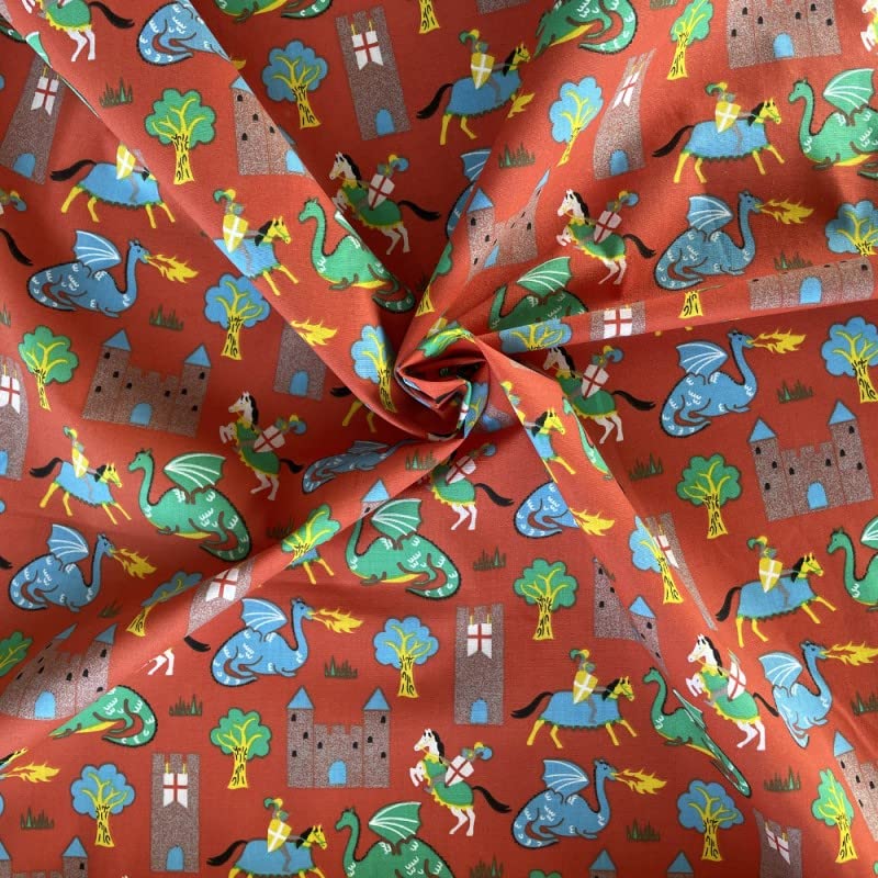 The Fabric Guys Sold Per 3 Metre Length Polycotton Fabric 112cm Wide Quilting Material for Sewing Patterns Dressmaking Crafts DIY Projects (Dragons & Castle Red)