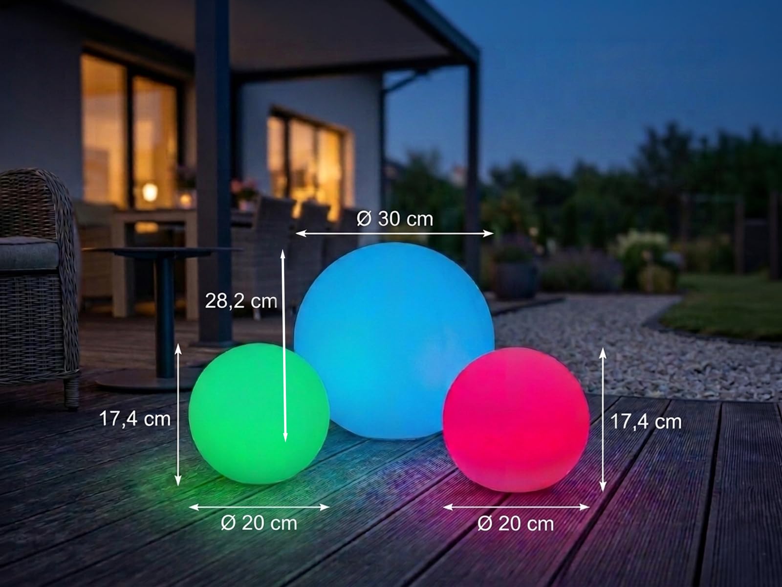 meineWunschleuchte Set di 3 sfere solari a LED, 20 cm e 30 cm | RGBW, cambia colore, telecomando, lampada solare a sfera, per giardino, terrazza e balcone, IP67