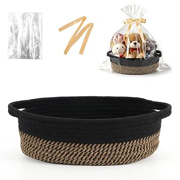 Basket for Gifts Empty, Small Woven Basket with Bags and Ribbons, Baby Toy Baskets with Handles, Wicker Storage Bin for Baby Showers or Pet Toy Black & Brown, 1 Pack 12"x 8"x 3.74"