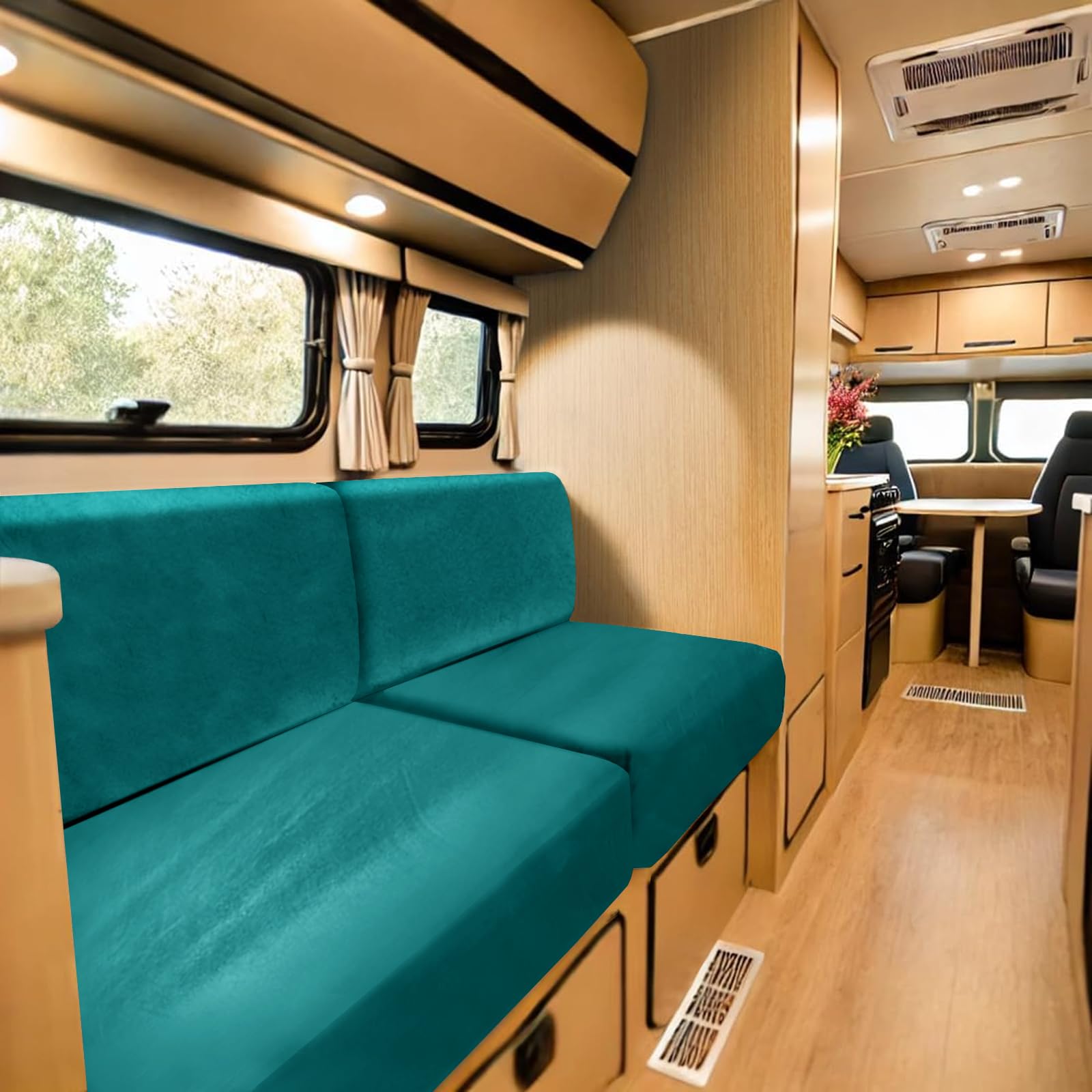 SYLC Stretch Caravan Seat Covers, Non-slip Motorhome Seat Covers for Lounge with 2 Straps, Velvet Sofa Cushion Covers for Couch Camper Bench (teal,Rectangle XL) โ image 1