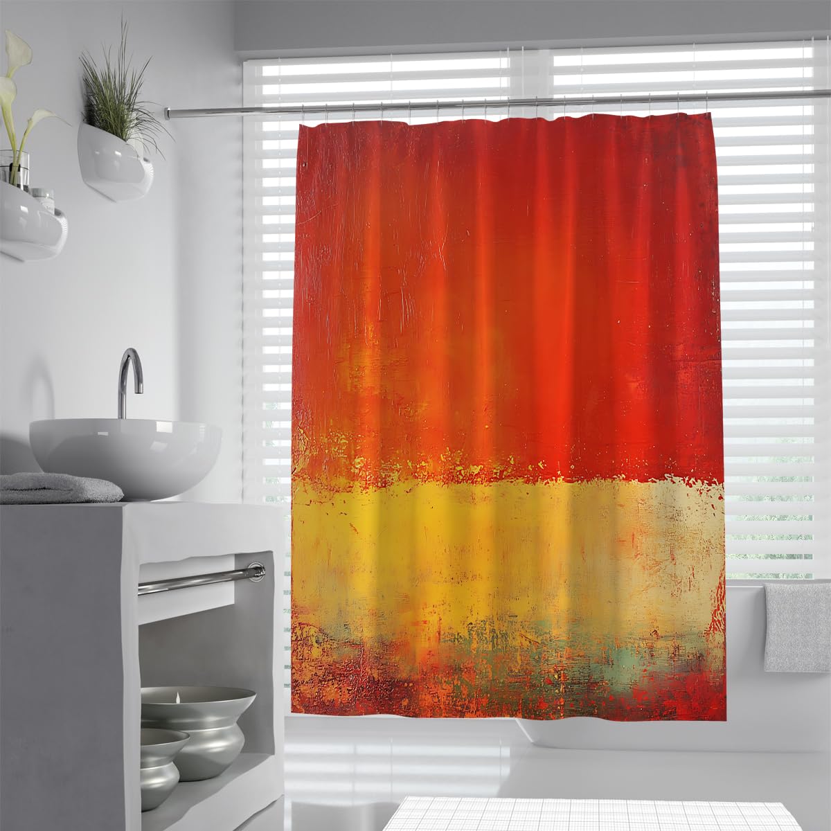 Abstraktes Ölgemälde Duschvorhang für das Badezimmer Warmes orange-gelbes Design Badevorhang mit Haken Wasserdichtes Polyester Schnelltrocknen 180 x 200 cm