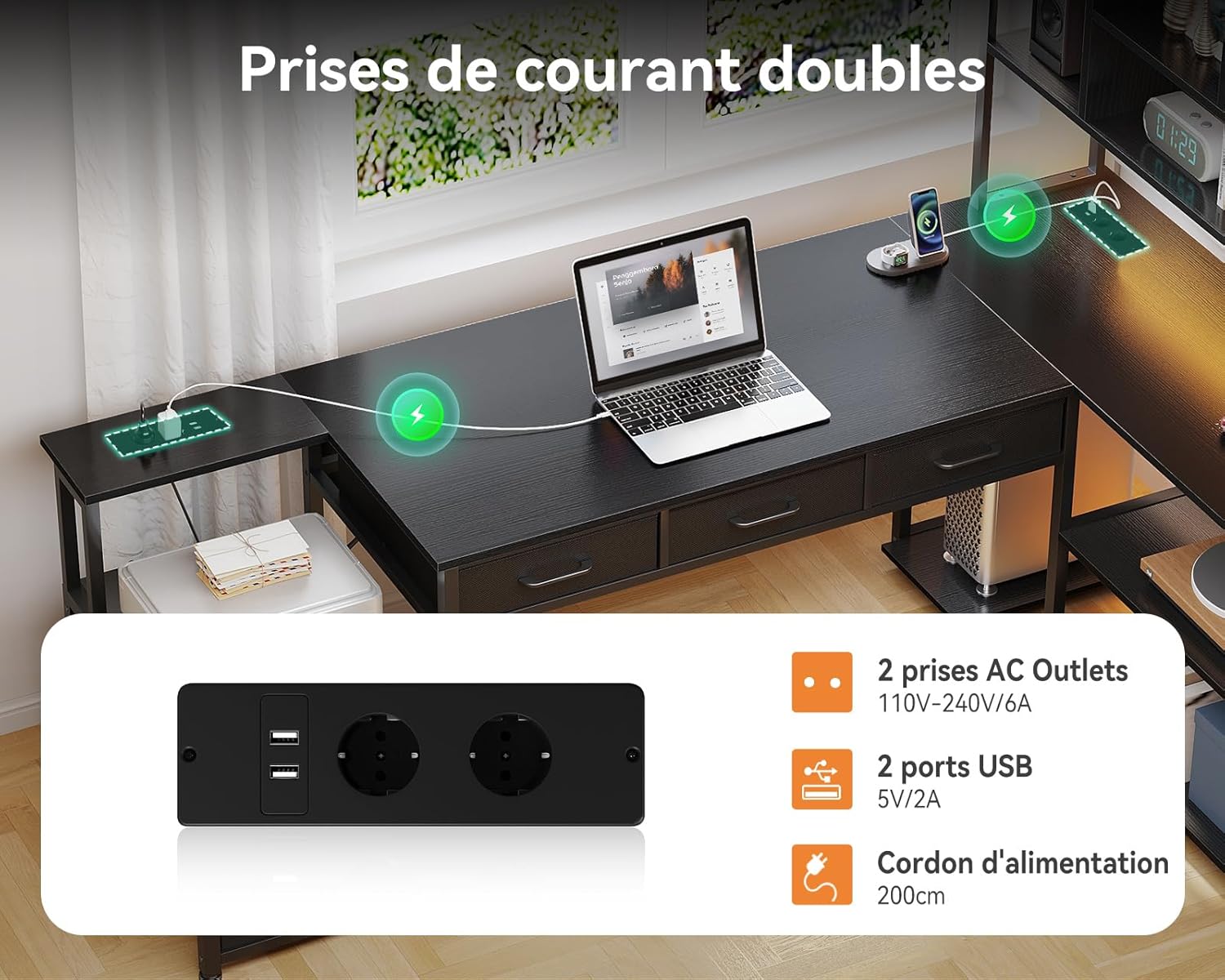 Close-up of the integrated power strip on the Coleshome desk, showing two AC outlets and two USB ports, with specifications.