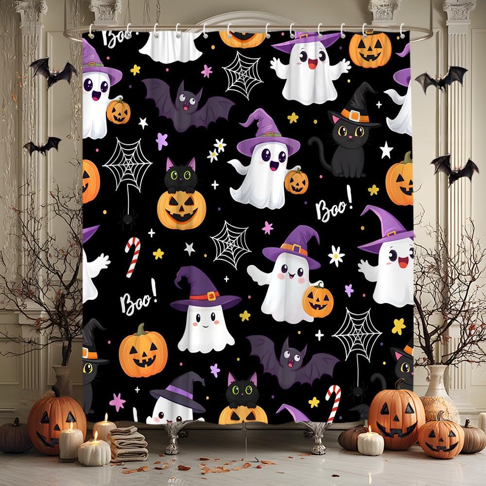Halloween Shower Curtain Cute Ghost Spooky Pumpkin Black Cat Spider Web Funny Bat Star Candy Lovely Animal Cartoon Bath Curtain Fabric Bathroom Accessories Decor with Hooks 70W x90L