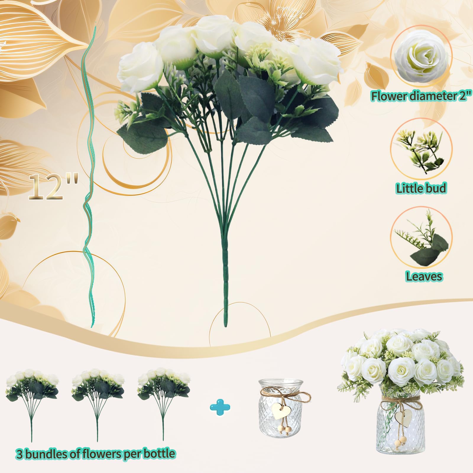 Flores falsas con jarrón, 18 rosas sintéticas, flores artificiales para decoración del hogar, centro de mesa de interior para sala de estar y mesa de comedor (blanco) 3