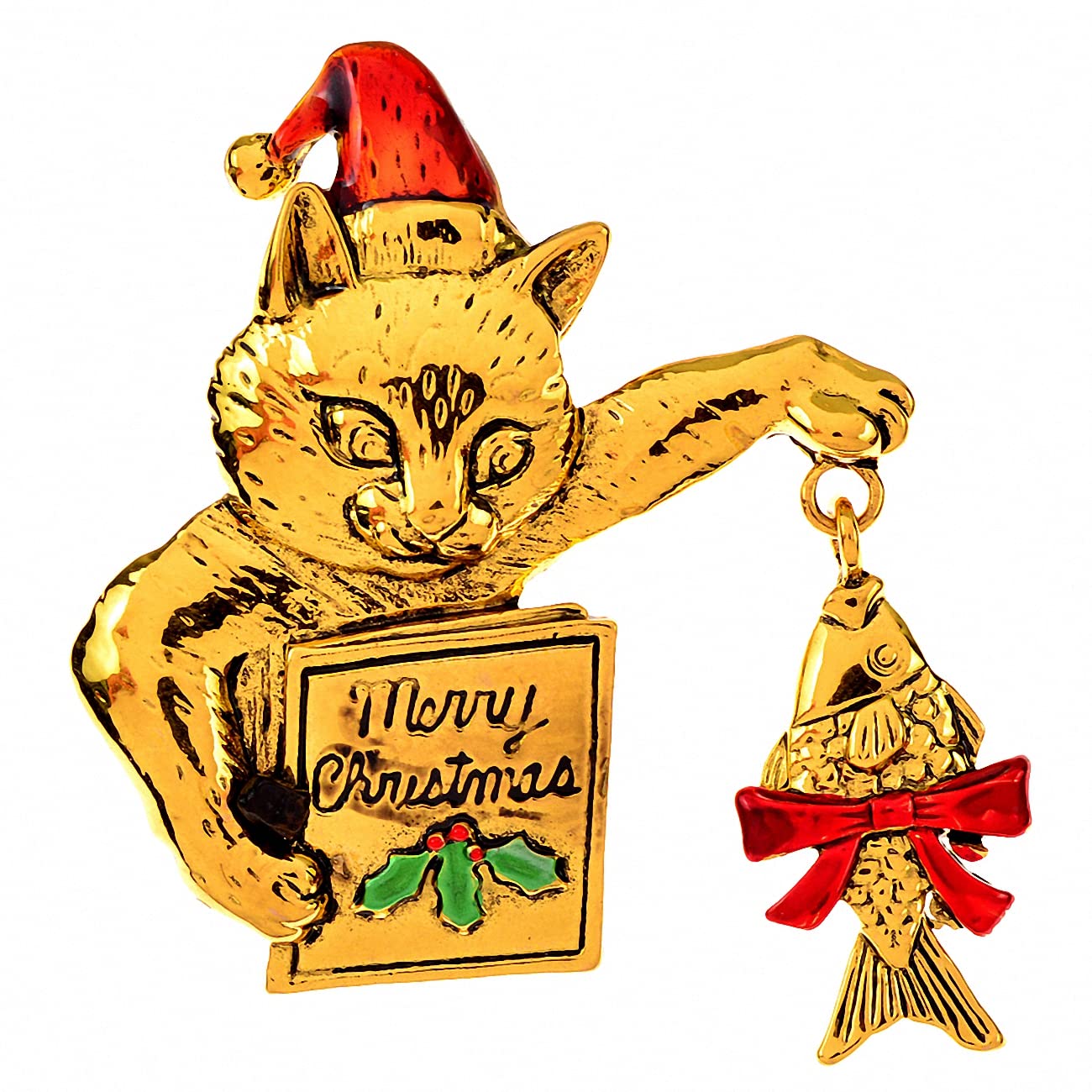 Broche de Noël chat émail brillant avec pendentif poisson - 8