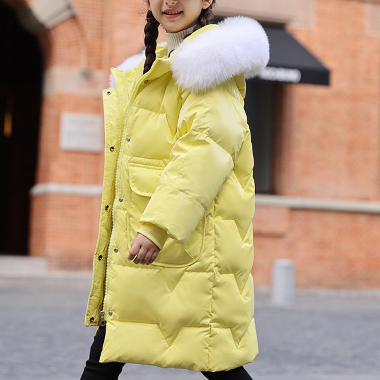 Chaqueta larga acolchada para niñas con capucha de piel sintética para invierno, resistente al viento, con capucha, estilo casual, para exteriores, cortavientos, longitud media, para