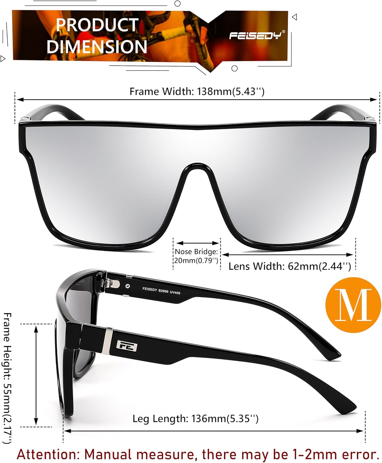 FEISEDY Sunglasses for Women Men, Fashion Mirrored Single Lens, Driving Beach Sunnies UV400 Shades B2996 - Image 6