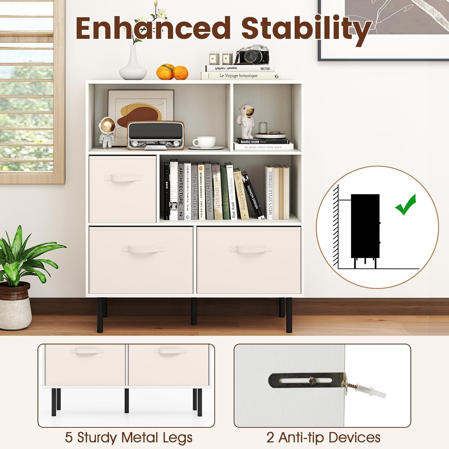 LOKO 6-Cube Bookcase, 3-Tier Wooden Storage Cabinet with 3 Removable Folding Fabric Drawers & 2 Anti-tip Devices, Open Freestanding Bookshelf Display Cabinet Organizer for Home Office (White)