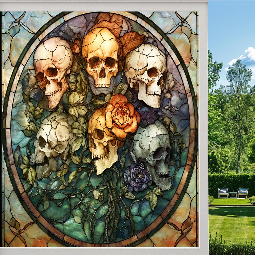 Dark Flower Skulls Stained Glass Window Film, Gothic Floral Bones Peel and Stick Privacy Film, Frosted Adhesive Vinyl Decorative for Bathroom Windows Glass Doors,（90x160cm）