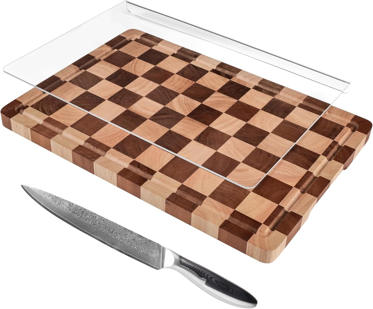 Acrylic Cutting Board & Checkerboard Wood Cutting Board Set with VG-10 Damascus Carving Knife, Kitchen Prep Bundle for Meat, Vegetables & Fruits