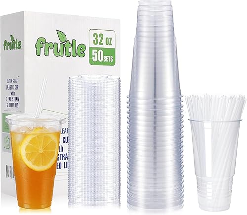 Vasos de plástico de 32 onzas con tapas y pajitas, vasos desechables para café helado, bebidas frías, batidos, té de burbujas, batidos y bebidas