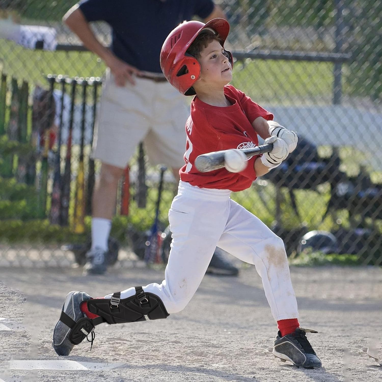 Hikeen Protector de pierna de béisbol para bateador de espinillas y pies con correas ajustables, equipo de sóftbol adecuado para bateadores de mano derecha e izquierda
