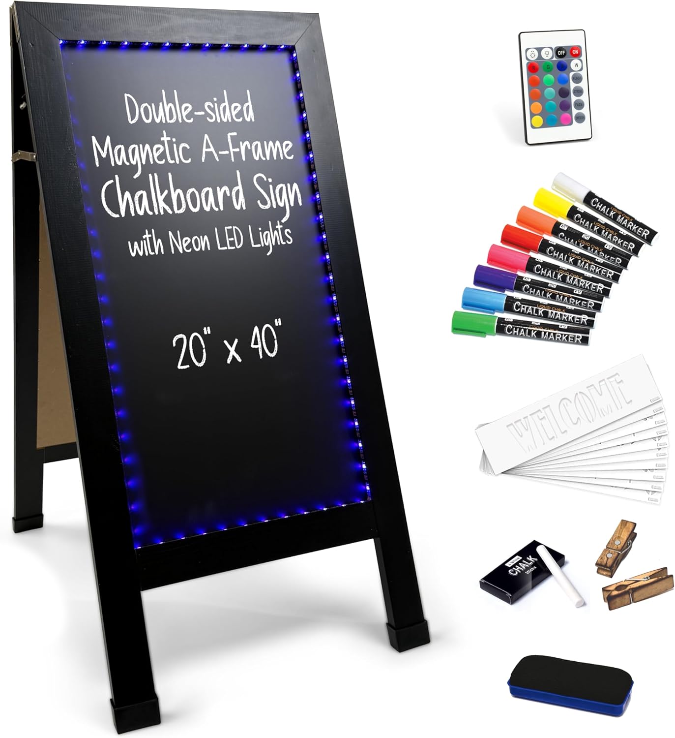 Magnetic A-Frame Chalkboard Sign with Neon LED Lights, Extra Large 20" x 40" Free Standing Chalkboard Easel, Total Deluxe Set with Multiple Accessories, Outdoor Sidewalk Sandwich Board Sign