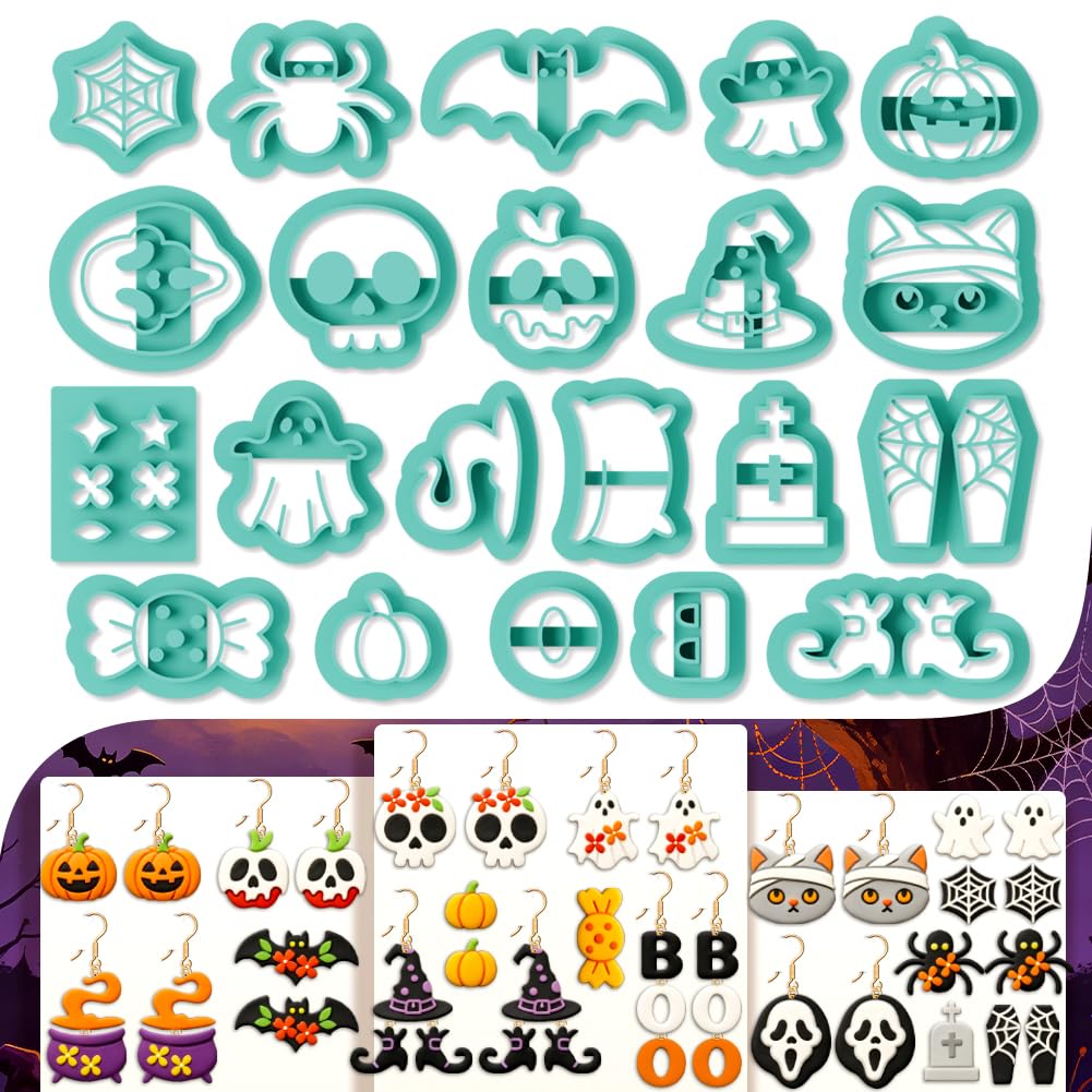 beinkmake 21Pcs Halloween Themed Polymer Clay Cutters Set, Pumpkin Bat Spider Ghost Skull Clay Earrings Cutters for Earrings Jewelry Making DIY Craft Supplies