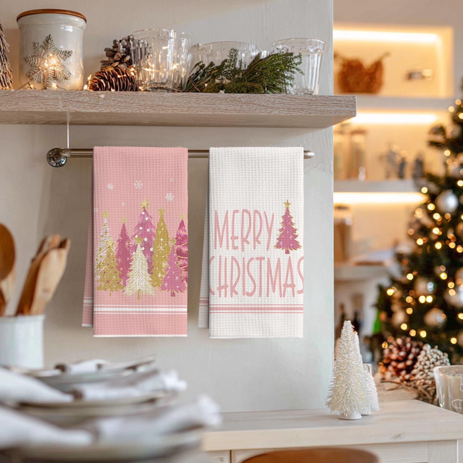 Artoid Mode Pink Star Xmas Tree Merry Christmas Bar Kitchen Towels, 12x24 Inch Quick Dry Microfiber Cloth Dish Towels for Kitchen Drying Set of 2 - Image 3