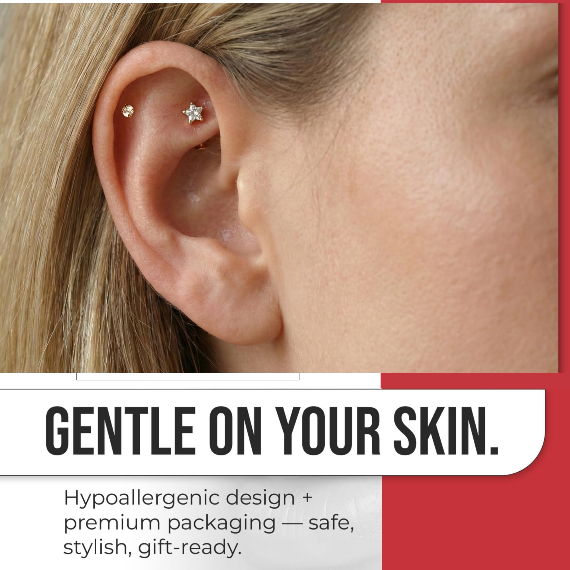 Monster Piercing | 9K Gold Echtgold | Lippenpiercing Tragus Piercing 16 Gauge | Kristallstein | Stablänge: 8MM | Lippe Labret Ohr Piercing | Steingröße: 2MM oder 3MM