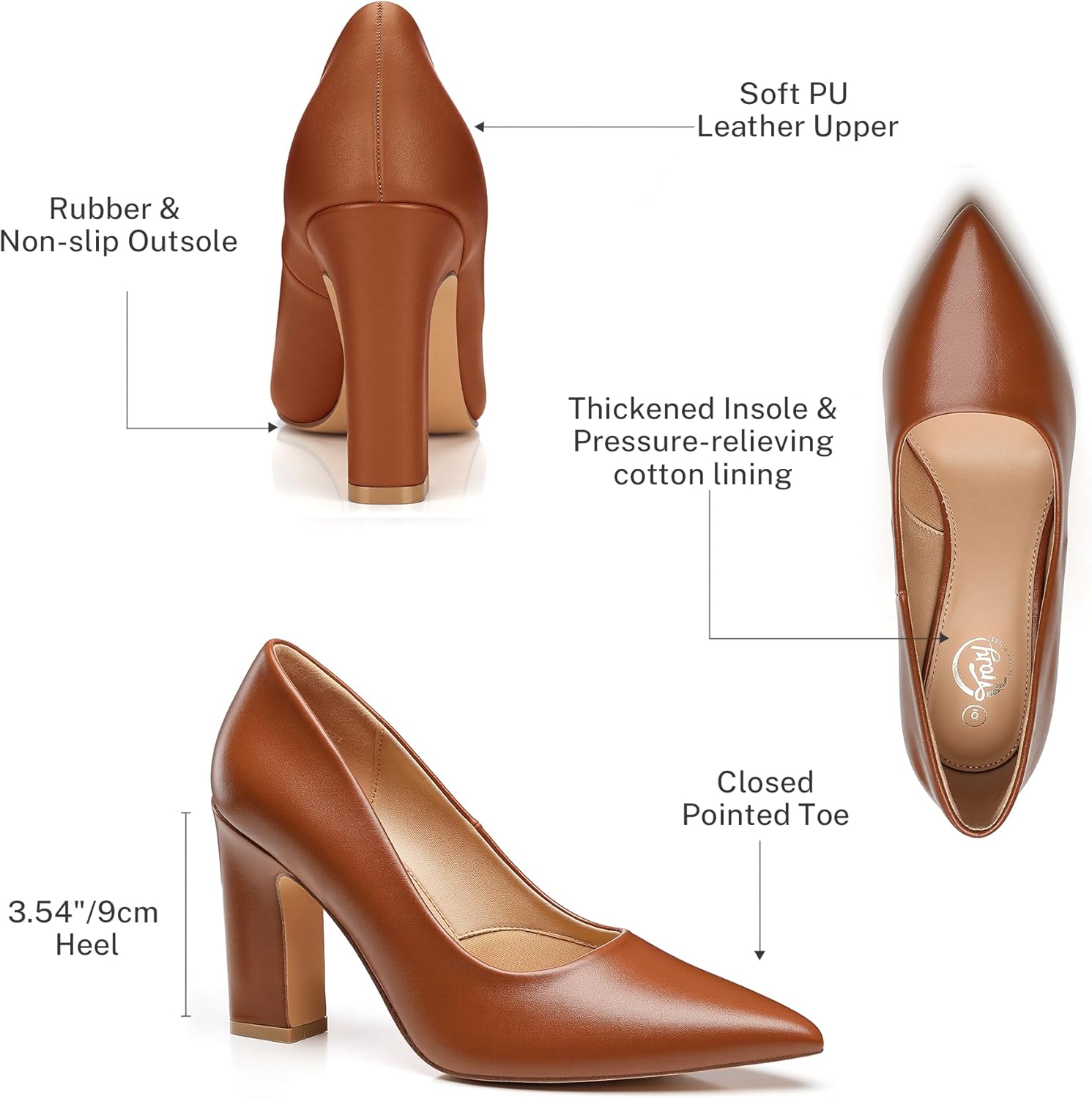 Trary Heels for Women Closed Pointed Toe Chunky Pumps Shoes Women Block High Heels Comfortable Slip-On Dress Office Party Wedding Shoes 3.54" Heel - Image 5