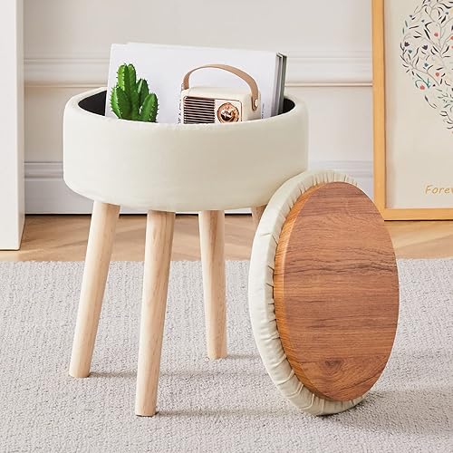 Miniatura 57 de Mxfurhawa Taburete otomano de almacenamiento redondo de lino con patas de madera, reposapiés tapizado multifuncional, para sala de estar, baño,