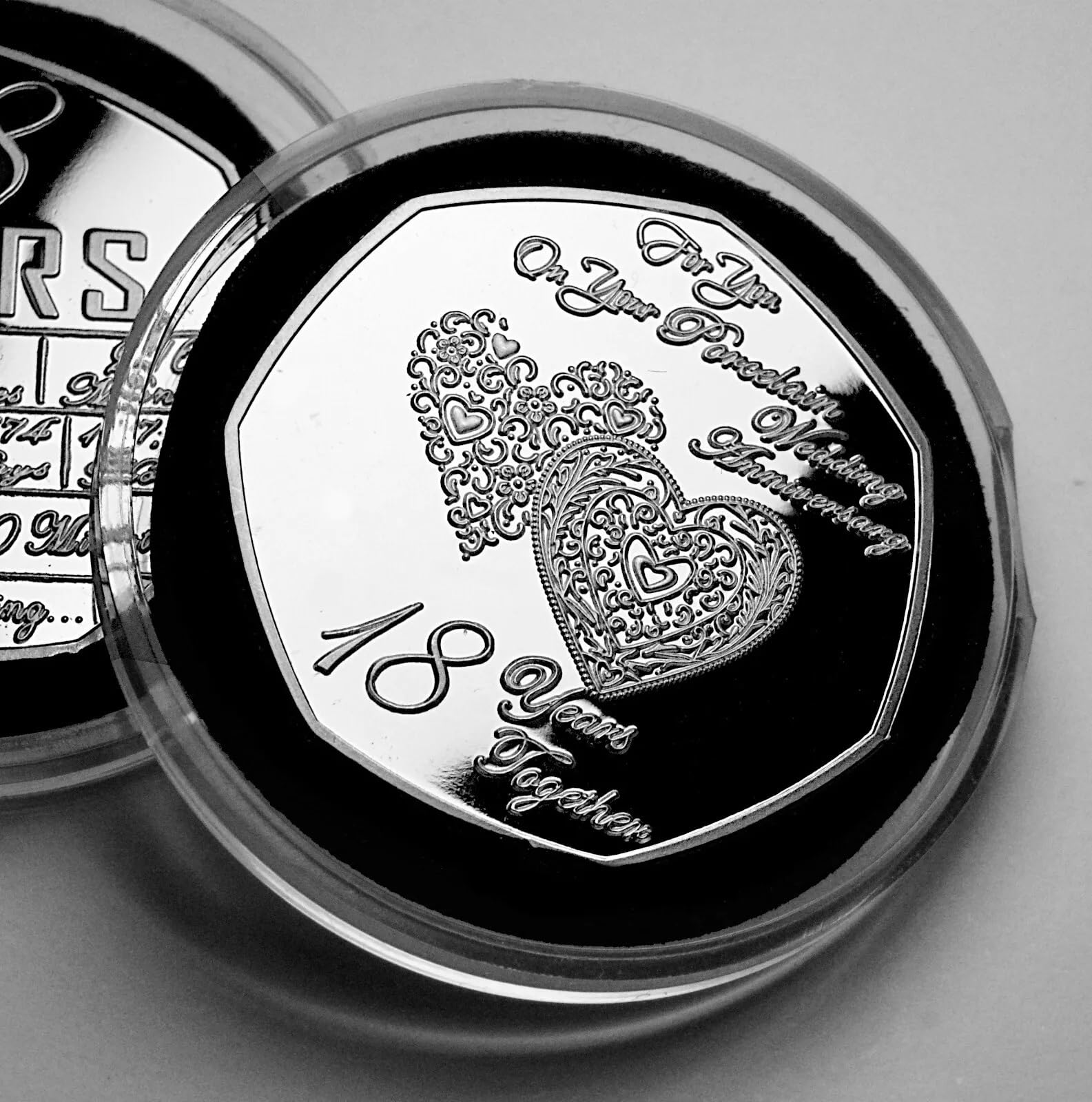 The Commemorative Coin Company ON YOUR 18th PORCELAIN WEDDING ANNIVERSARY Silver Commemorative in Capsule. 10 Years Together Husband/Wife/Partner Gift/Present Love/Token