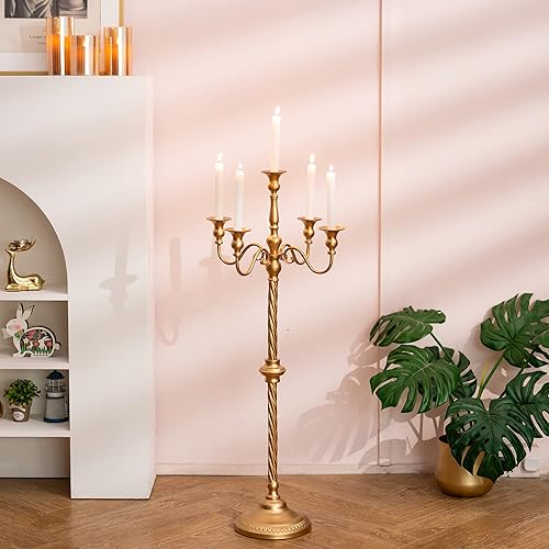 Miniatura 2 de Sziqiqi Candelabro dorado para centro de mesa, candelabros altos de 5 brazos, portavelas cónico de metal para mesa centros de mesa florales para