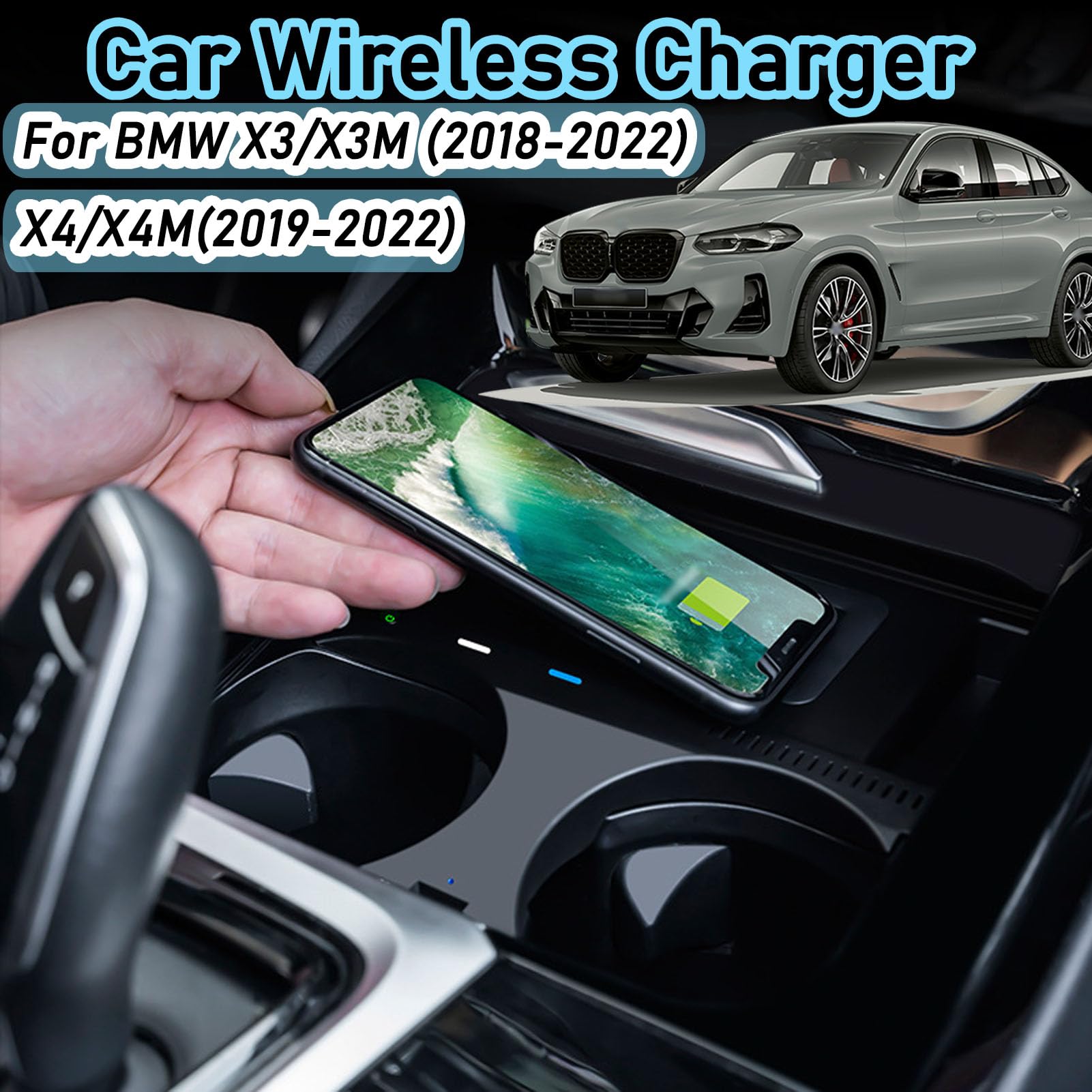 Cenna Caricabatteria per Auto Wireless per BMW X3/x3m (2018-2022) X4/x4m (2019-2022) Accessorio per Tutti I Modelli con Ricarica Rapida Wireless da 15 W E USB Qc3.0 Regalo per La Famiglia